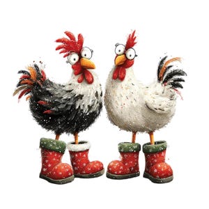 May include: Two cartoon chickens with googly eyes and red combs. One chicken is black and white, the other is white. Both wear red Christmas boots with green trim. A whimsical illustration for holiday decor.