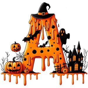 May include: A Halloween-themed illustration featuring a large orange letter "A" with dripping orange wax. The letter is adorned with a witch's hat, bats, pumpkins, a haunted house, and a ghost. The design has a cartoonish style.