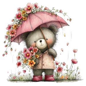 May include: A charming illustration of a teddy bear holding a pink umbrella adorned with flowers. The bear wears a pink raincoat and boots, and carries a bouquet of flowers. The background features rain and flowers.