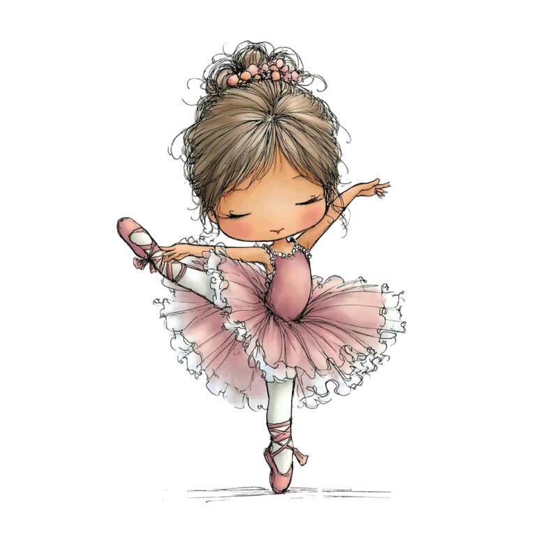 May include: A watercolor illustration of a young ballerina in a pink tutu and ballet shoes. The ballerina is in a graceful pose, with one leg extended and arms outstretched. Her hair is styled in a bun with a floral hairpiece. The image has a soft, whimsical feel.