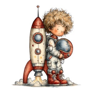 May include: A watercolor-style illustration of a curly-haired child in a white spacesuit standing next to a red and white rocket ship. The child holds a red helmet, and the rocket features two circular windows and yellow star accents.