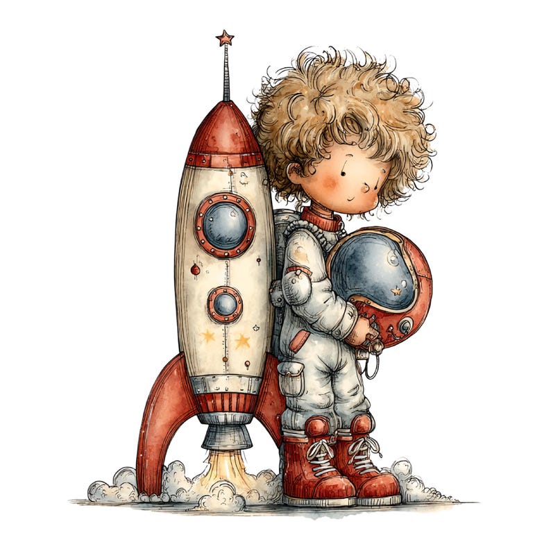 May include: A watercolor-style illustration of a curly-haired child in a white spacesuit standing next to a red and white rocket ship. The child holds a red helmet, and the rocket features two circular windows and yellow star accents.