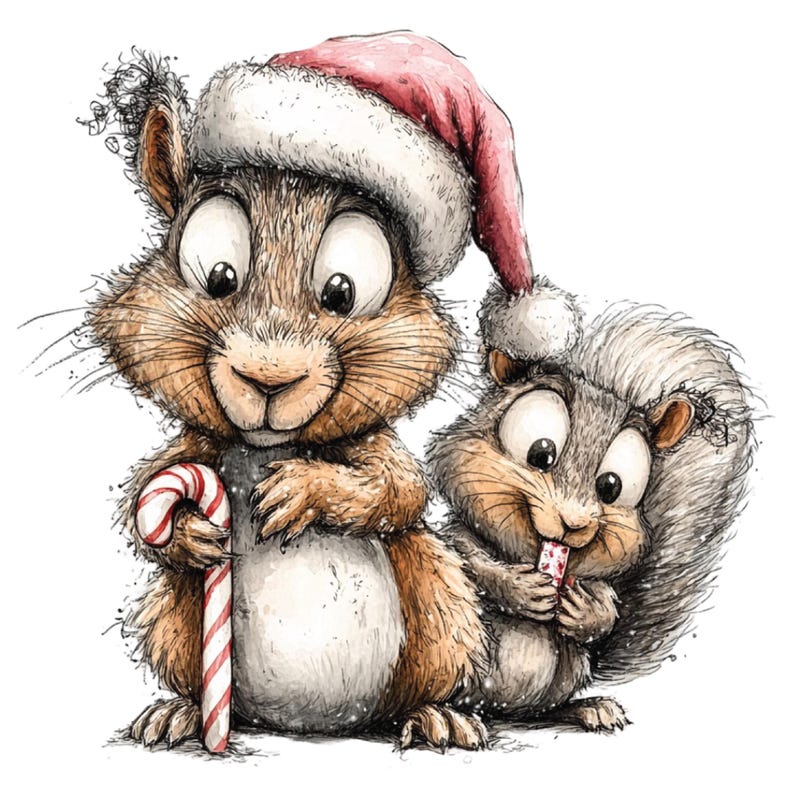 K&ouml;nnte beinhalten: Eine Aquarellillustration von zwei Cartoon-Eichh&ouml;rnchen. Ein Eichh&ouml;rnchen tr&auml;gt einen Weihnachtsmannhut und h&auml;lt eine Zuckerstange. Das andere Eichh&ouml;rnchen h&auml;lt ein kleines Bonbon. Beide Eichh&ouml;rnchen haben gro&szlig;e Augen und sind vor wei&szlig;em Hintergrund.