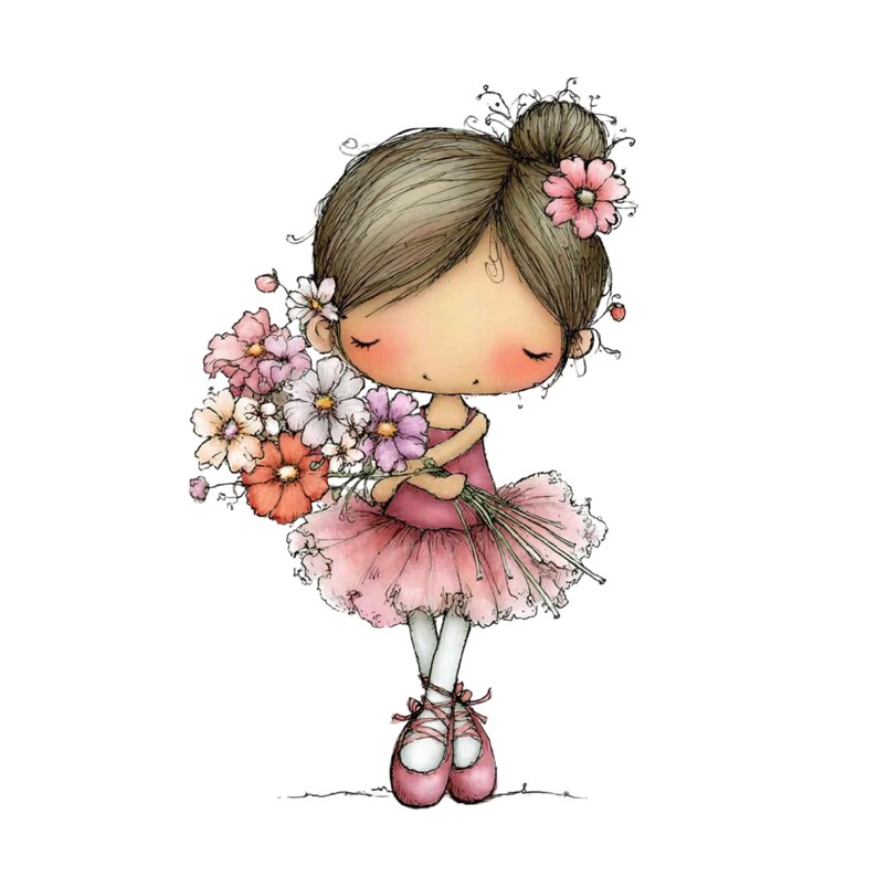 May include: A cartoon illustration of a young ballerina in a pink tutu holding a bouquet of flowers. The ballerina has brown hair styled in a bun with a pink flower. She wears pink ballet shoes and a pink dress.
