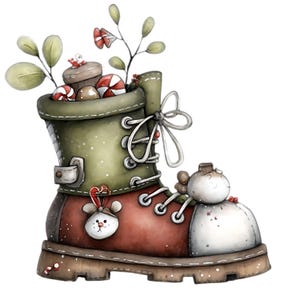 May include: A watercolor illustration of a Christmas boot filled with holiday treats and greenery. The boot is a mix of red, green, and brown, with white laces and a decorative reindeer ornament. Candies and cupcakes peek out from the top.