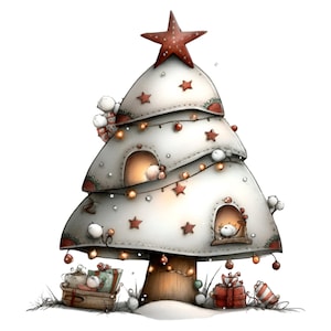 Op de afbeelding: Illustratie van een grillige kerstboom. De boom is wit met rode steraccenten en een grote ster bovenop. Hij heeft kleine ramen met gloeiende lichten en is versierd met lichtslingers en ornamenten. Cadeaus staan aan de basis.