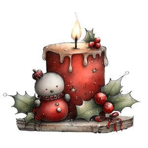 May include: A watercolor illustration of a Christmas candle with a lit flame, a snowman, holly, and berries. The red candle has a melted wax effect and is decorated with small stars. The snowman wears a red and white scarf and sits on a book.