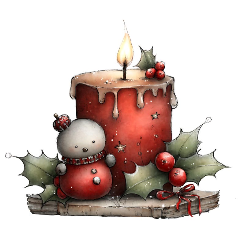 May include: A watercolor illustration of a Christmas candle with a lit flame, a snowman, holly, and berries. The red candle has a melted wax effect and is decorated with small stars. The snowman wears a red and white scarf and sits on a book.