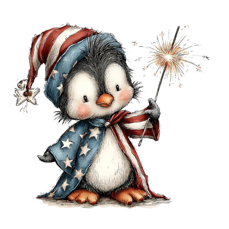 Puede incluir: Ilustraci&oacute;n en acuarela de un ping&uuml;ino vestido con atuendo patri&oacute;tico. El ping&uuml;ino lleva un sombrero y una capa adornados con el dise&ntilde;o de la bandera estadounidense, sosteniendo una bengala. Un adorno en forma de estrella cuelga del sombrero.