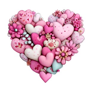 May include: A heart-shaped arrangement of various pink hearts and floral accents. The design features hearts in shades of pink, white, and fuchsia, with embroidered details and floral embellishments. The overall theme is romantic and decorative.