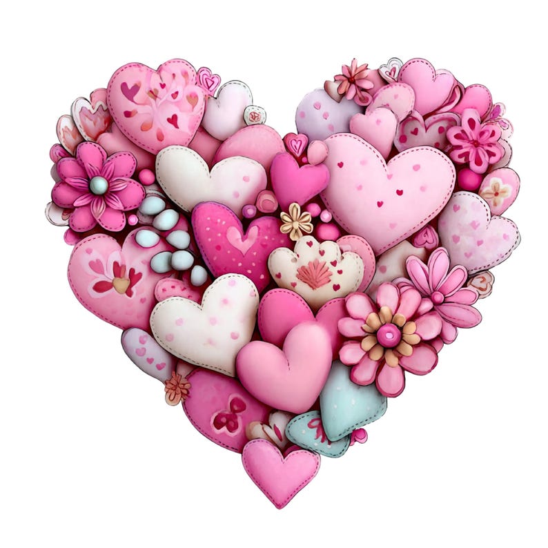 May include: A heart-shaped arrangement of various pink hearts and floral accents. The design features hearts in shades of pink, white, and fuchsia, with embroidered details and floral embellishments. The overall theme is romantic and decorative.