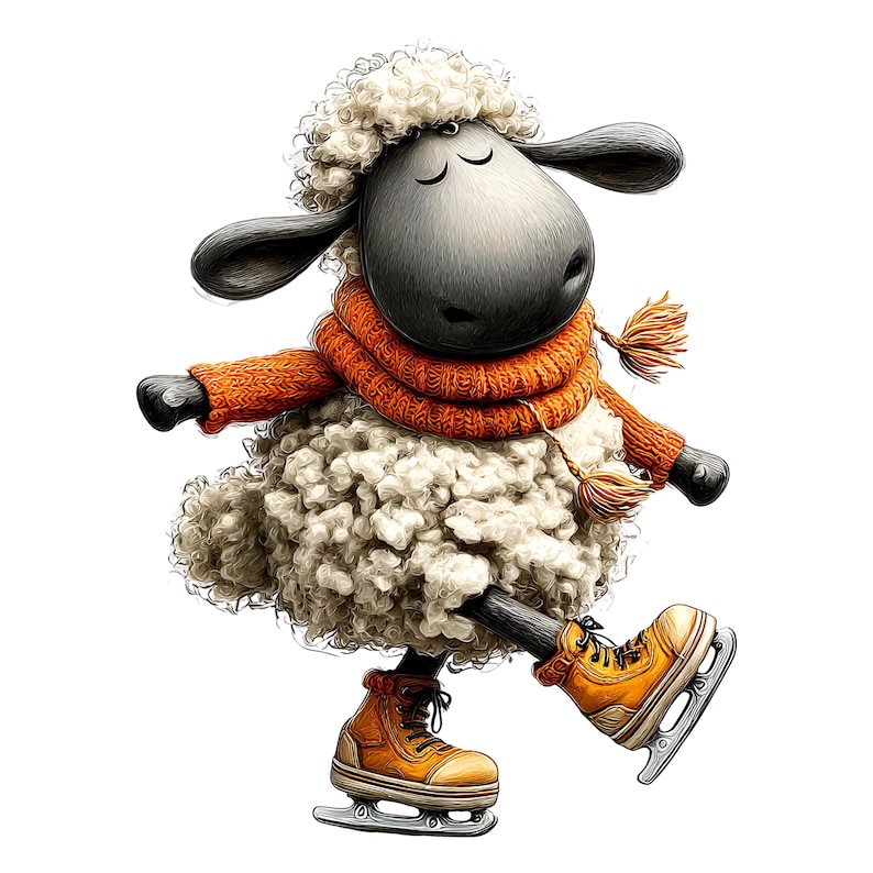 Op de afbeelding: Een cartoon schaap met een oranje sjaal en trui, schaatsend op een witte achtergrond. Het schaap heeft een grijs gezicht en oren, met gesloten ogen. De schaatsen zijn bruin en geel.