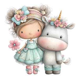 Puede incluir: Ilustraci&oacute;n caprichosa de una ni&ntilde;a y un unicornio. La ni&ntilde;a lleva un vestido azul claro y zapatos rosas, sosteniendo una flor rosa. El unicornio es gris con un cuerno dorado y adornos florales. Ambas figuras tienen mejillas rosadas y est&aacute;n sonriendo.
