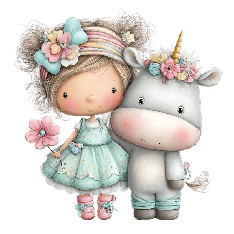 Puede incluir: Ilustraci&oacute;n caprichosa de una ni&ntilde;a y un unicornio. La ni&ntilde;a lleva un vestido azul claro y zapatos rosas, sosteniendo una flor rosa. El unicornio es gris con un cuerno dorado y adornos florales. Ambas figuras tienen mejillas rosadas y est&aacute;n sonriendo.