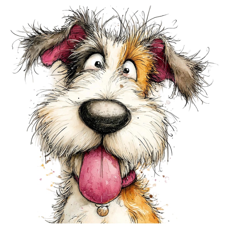 May include: A watercolor illustration of a dog with a surprised expression. The dog has a large black nose, a pink tongue, and a small collar with a charm. The dog's fur is a mix of white, brown, and tan, with large, expressive eyes.