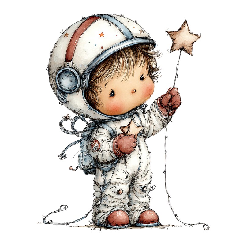 May include: A whimsical illustration of a child wearing a white astronaut suit with a large helmet, brown gloves, and boots. The character holds a thin string attached to a beige star, while another small star is tucked into the suit's chest area.