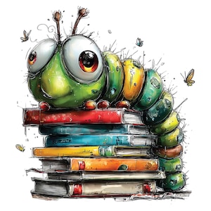 May include: A whimsical illustration of a large-eyed green and yellow caterpillar resting on a stack of colorful books. The caterpillar has prominent antennae and a segmented body, while the books are stacked in red, blue, and orange hues.