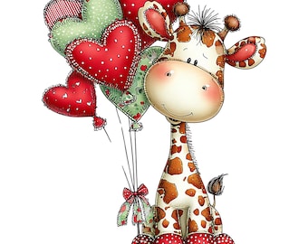 May include: A whimsical illustration of a giraffe holding heart-shaped balloons. The giraffe has brown and white spots, and the balloons are red and green with various patterns. The giraffe is wearing red and white polka-dot shoes.