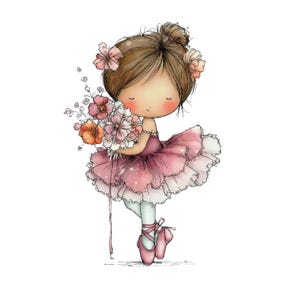 May include: A watercolor illustration of a young ballerina in a pink tutu and ballet shoes, holding a bouquet of flowers. The ballerina has brown hair and is adorned with flowers. The image has a soft, whimsical aesthetic.