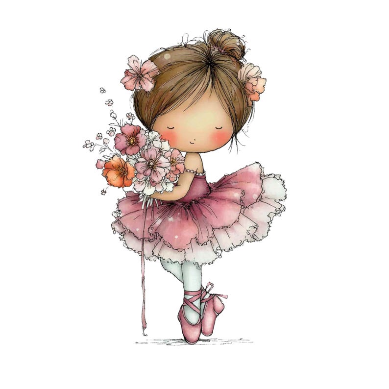 May include: A watercolor illustration of a young ballerina in a pink tutu and ballet shoes, holding a bouquet of flowers. The ballerina has brown hair and is adorned with flowers. The image has a soft, whimsical aesthetic.