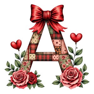 Puede incluir: Una letra "A" decorativa con un diseño de patchwork, con cuadros rojos, patrones florales y de lunares. Un gran lazo rojo se encuentra en la parte superior de la letra, con rosas rojas y globos en forma de corazón. El tema general es romántico.