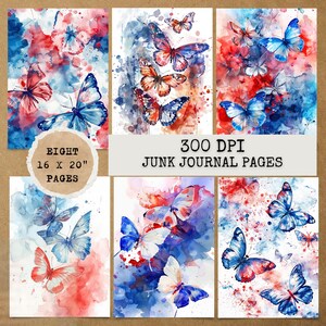 8 JPG Watercolor Red Blue Butterfly Junk Journal,Digital Download,Junk journal kit,Digital papers,Junk Journal Papers,Printable Junk Journal