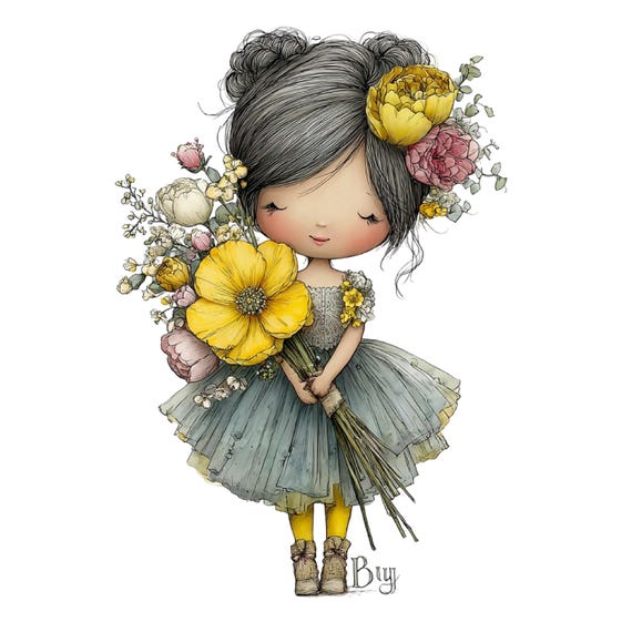 Quirky Little Girl Clipart – Watercolor Whimsical Character PNG Set (Digital Download) 41 PNG