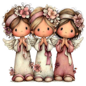 May include: Three cartoon angels with large eyes and rosy cheeks. Each angel wears a white dress with pink accents, wings, and a floral headpiece. They have their hands clasped in prayer, creating a sweet and innocent image.
