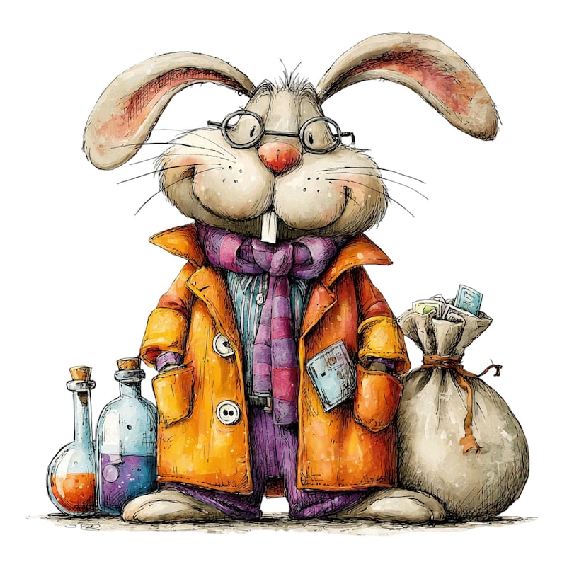 May include: A whimsical illustration of a rabbit wearing glasses, an orange coat, and a purple scarf. The rabbit stands next to two bottles and a bag of money, suggesting a theme of wealth or potions.