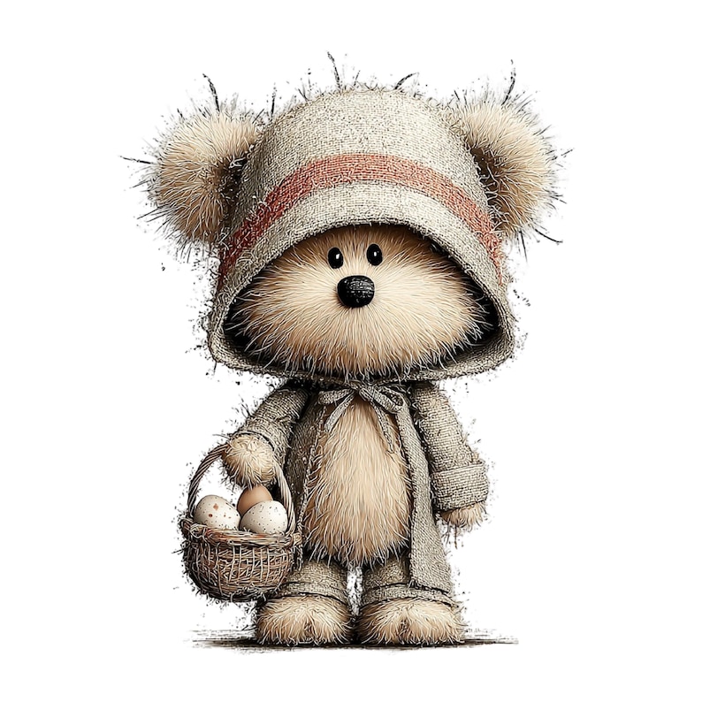 May include: A whimsical illustration of a teddy bear wearing a hooded coat and holding a basket of eggs. The bear has fluffy fur, a black nose, and is dressed in a beige outfit with a red stripe on the hood. The basket is woven and contains several speckled eggs.
