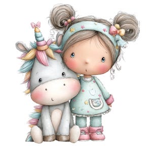 Puede incluir: Ilustraci&oacute;n en acuarela de una ni&ntilde;a y un unicornio. La ni&ntilde;a lleva un vestido y una diadema azul claro con estrellas. El unicornio es gris con un cuerno y una melena coloridos. La imagen tiene un estilo suave y caprichoso.