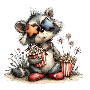 Puede incluir: Ilustraci&oacute;n en acuarela de un mapache con gafas de sol en forma de estrella y zapatos rojos con estrellas. El mapache sostiene un cubo de palomitas de ma&iacute;z y est&aacute; sentado cerca de otro cubo de palomitas de ma&iacute;z y fuegos artificiales.