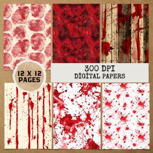 May include: A collection of digital papers with various red patterns. Designs include fingerprints, swirling textures, and blood splatter effects. The image also includes the text "12 X 12 PAGES" and "300 DPI DIGITAL PAPERS".