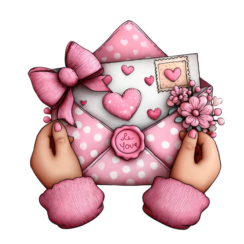 May include: A pink polka-dotted envelope with a large pink bow, holding a letter with a heart-shaped stamp and small pink hearts. The envelope is sealed with a pink wax seal that says "Le Youve".