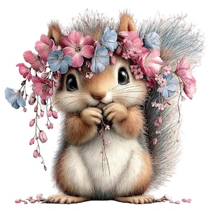 Könnte beinhalten: Illustration eines Eichhörnchens mit einem Blumenkranz aus rosa und blauen Blumen. Das Eichhörnchen hat braunes Fell, einen flauschigen Schwanz und hält einen Blütenzweig. Das Bild hat einen weichen, skurrilen Stil.