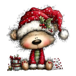 May include: A festive illustration of a teddy bear in a Christmas outfit. The bear is wearing a red Santa hat with white trim and snowflakes, and a red coat with white polka dots. There are wrapped gifts and holly berries in the image.