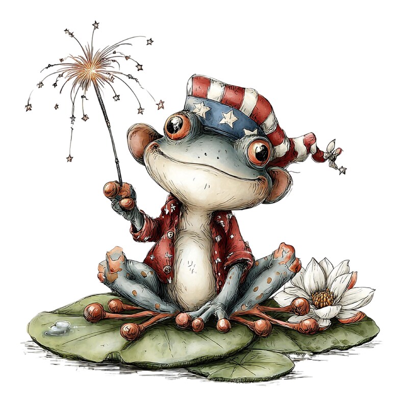 Puede incluir: Ilustraci&oacute;n caprichosa de una rana con sombrero y chaqueta patri&oacute;ticos, sosteniendo una bengala. La rana est&aacute; sentada en una hoja de nen&uacute;far con una flor blanca, celebrando un d&iacute;a festivo.