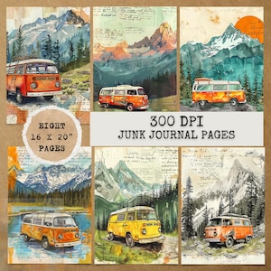 8 JPG Retro Camper Van Junk Journal Pages,Digital Download,Junk journal kit,Digital papers,Junk Journal Papers,Printable Junk Journal