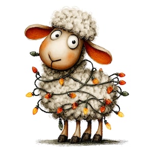 Op de afbeelding: Een grillige illustratie van een schaap versierd met een slinger van kleurrijke kerstverlichting. Het schaap heeft een pluizige, witte wollen vacht, bruine poten en grote, expressieve ogen. De lichten zijn oranje, rood en geel.