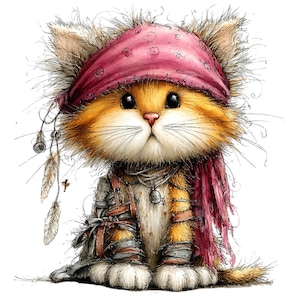 May include: A whimsical illustration of a ginger cat dressed as a pirate. The cat wears a pink bandana, a red scarf, and a vest with straps. It has large, expressive eyes and is adorned with feathers and trinkets.