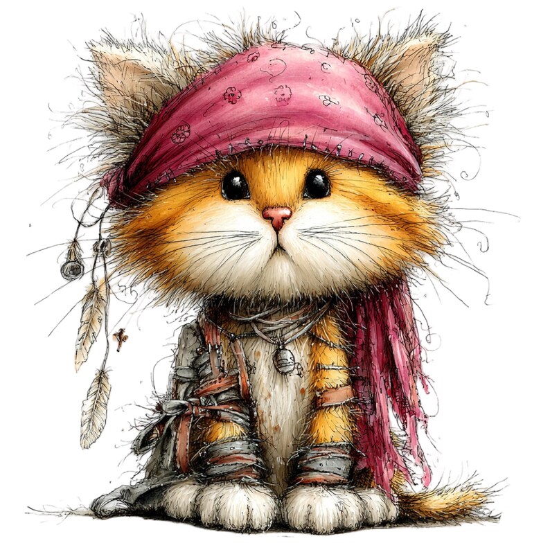 May include: A whimsical illustration of a ginger cat dressed as a pirate. The cat wears a pink bandana, a red scarf, and a vest with straps. It has large, expressive eyes and is adorned with feathers and trinkets.