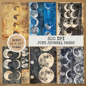 8 JPG  Moon Phases  Journal Pages,Digital Download,Junk journal kit,Digital papers,Junk Journal Papers,Printable Junk Journal