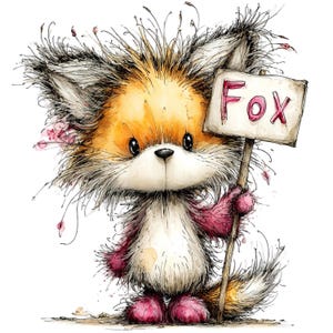 May include: A whimsical illustration of a cartoon fox holding a sign that reads "Fox". The fox has orange and white fur, pink accents, and big, expressive eyes. The style is soft and detailed, with a watercolor effect.