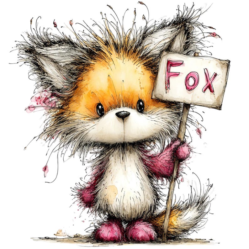 May include: A whimsical illustration of a cartoon fox holding a sign that reads "Fox". The fox has orange and white fur, pink accents, and big, expressive eyes. The style is soft and detailed, with a watercolor effect.