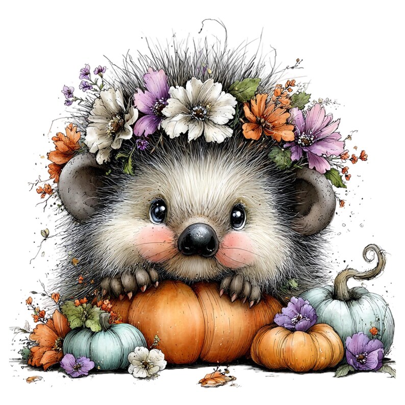 May include: A fluffy hedgehog with large dark eyes and pink cheeks wears a crown of white, orange, and purple flowers. The hedgehog rests its paws on a large orange pumpkin, surrounded by smaller orange and light blue pumpkins and flowers.