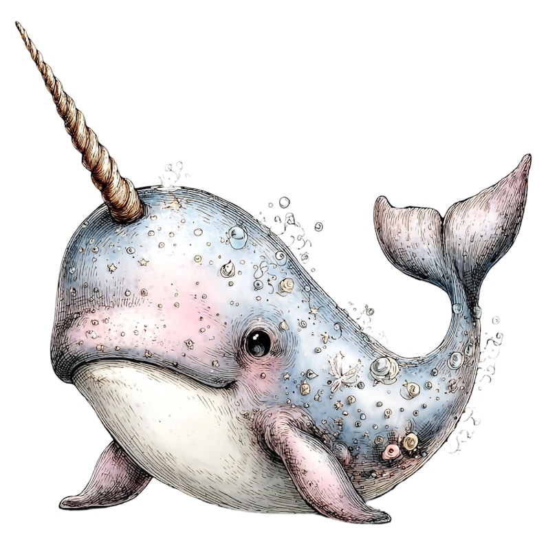 May include: A whimsical illustration of a narwhal, featuring a spiraled horn and a light blue body with pink accents. The artwork includes bubbles and star-shaped details, creating a fantasy underwater theme.