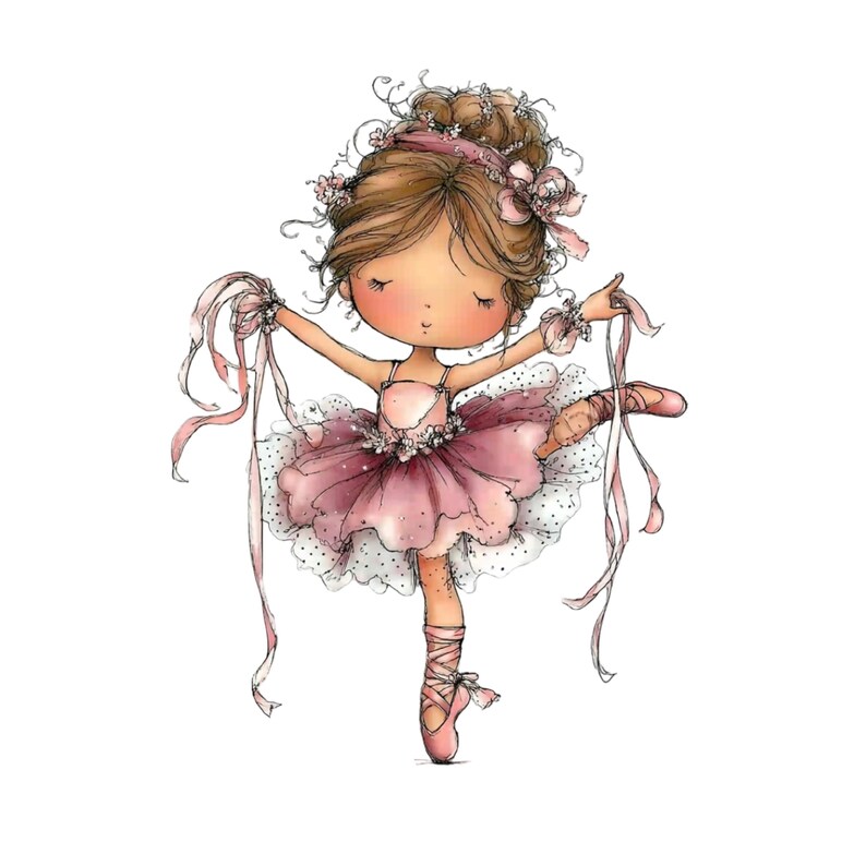 May include: A watercolor illustration of a ballerina in a pink tutu and pointe shoes. The ballerina has brown hair styled in a bun with a pink headband and floral accents. She is holding pink ribbons and is in a ballet pose.
