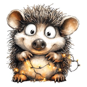 K&ouml;nnte beinhalten: Eine Illustration eines l&auml;chelnden Igels mit gro&szlig;en Augen und einer braunen Nase. Der Igel h&auml;lt eine Lichterkette mit gelben Lichtern, was ein warmes und einladendes Bild erzeugt. Die Illustration ist im Cartoon-Stil gehalten.