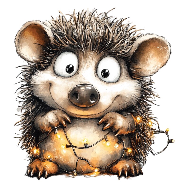 K&ouml;nnte beinhalten: Eine Illustration eines l&auml;chelnden Igels mit gro&szlig;en Augen und einer braunen Nase. Der Igel h&auml;lt eine Lichterkette mit gelben Lichtern, was ein warmes und einladendes Bild erzeugt. Die Illustration ist im Cartoon-Stil gehalten.