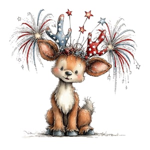 Puede incluir: Ilustraci&oacute;n en acuarela de un ciervo con decoraciones patri&oacute;ticas. El ciervo tiene cuernos adornados con estrellas y fuegos artificiales rojos, blancos y azules. El ciervo es marr&oacute;n con el pecho blanco y est&aacute; sentado.